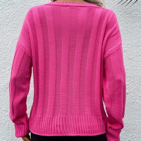 V-Neck Pullover Long sleeved knit Sweater top spring fall PINK - Picture 4 of 6